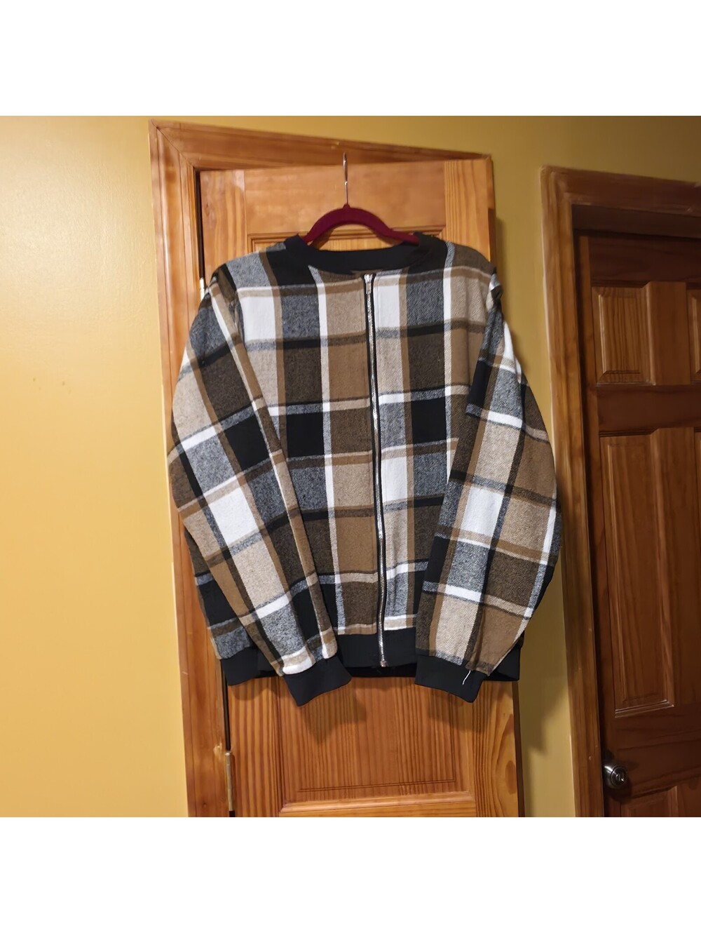 Plus Size Plaid Bomber Jacket Womens 4X Brown Black Full Zip Baseball Collar...